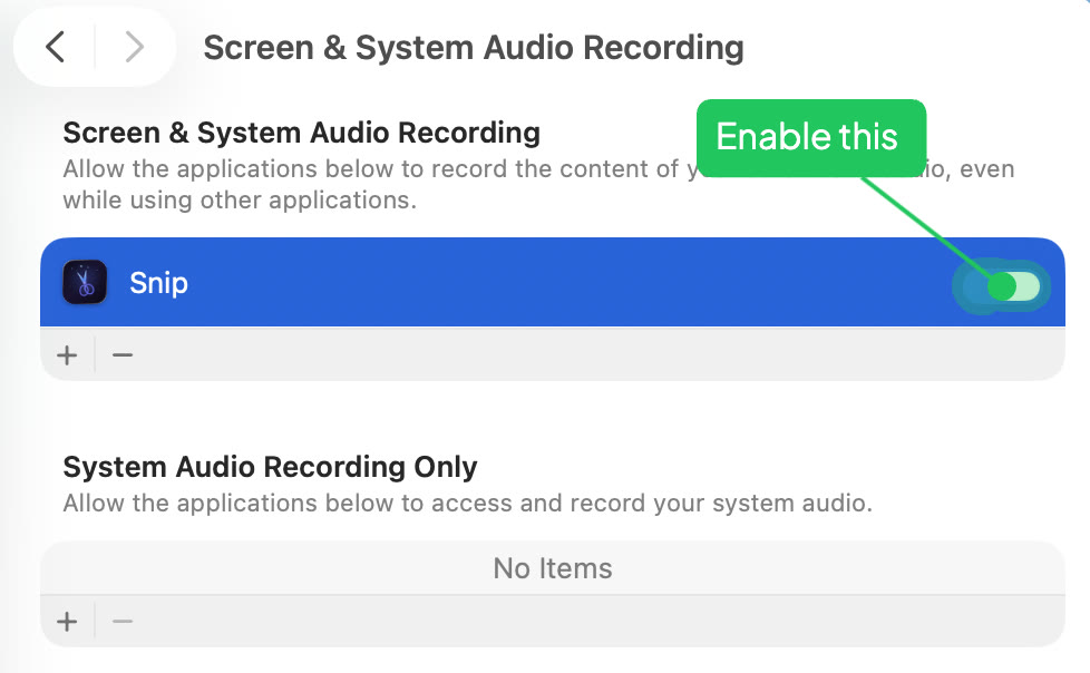 macOS Screen Recording permission settings with Snip enabled