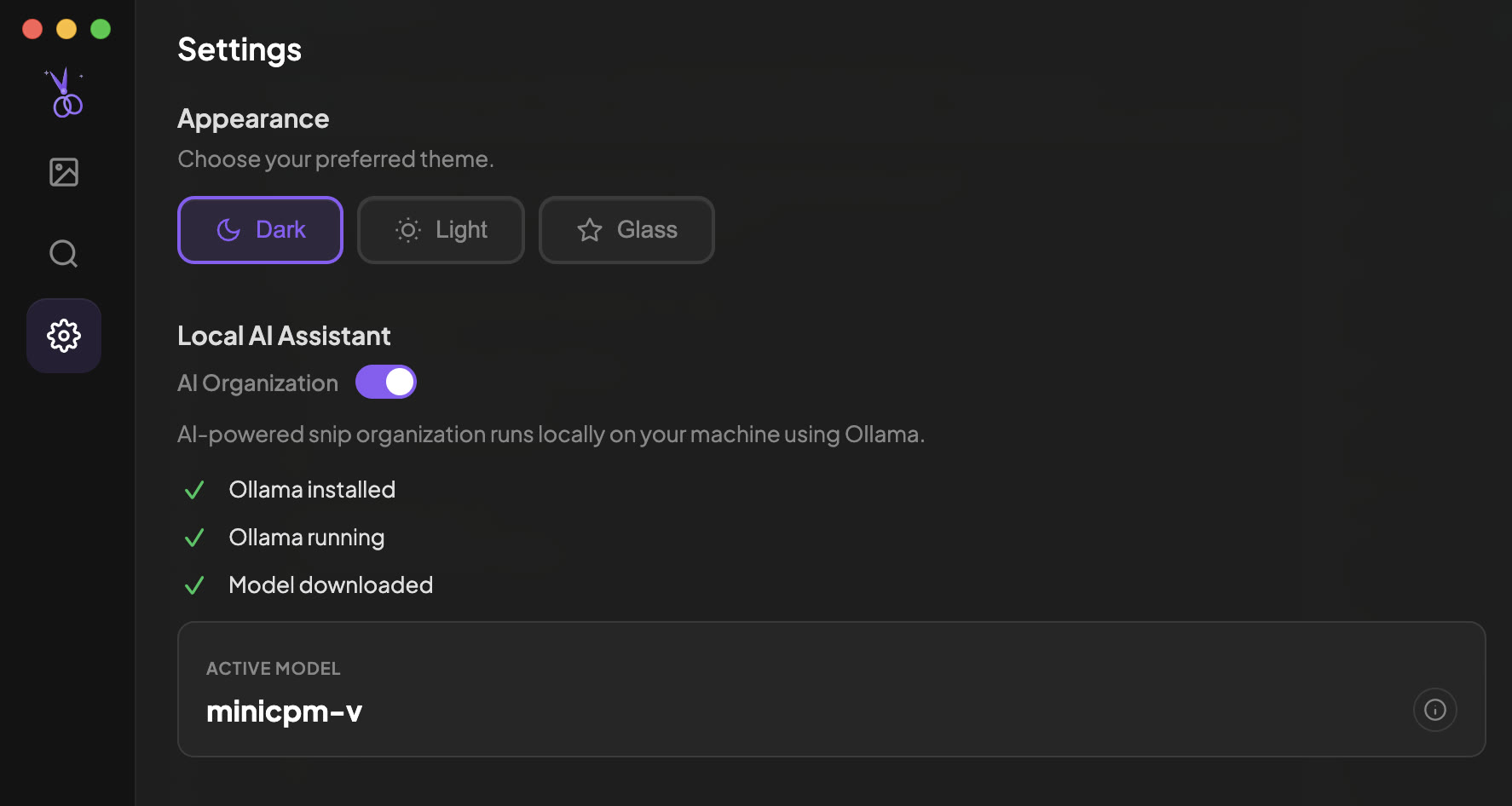 Snip AI settings showing Ollama setup