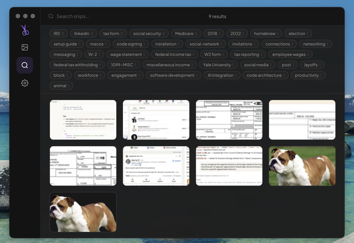 Snip search view showing AI-generated tag cloud and organized screenshot gallery