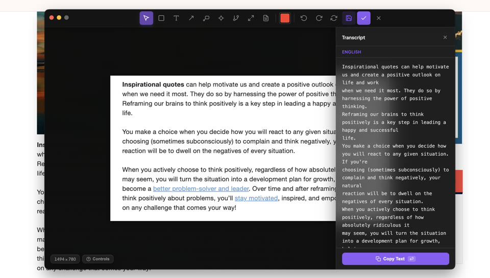 Transcribe feature extracting text from a screenshot via OCR
